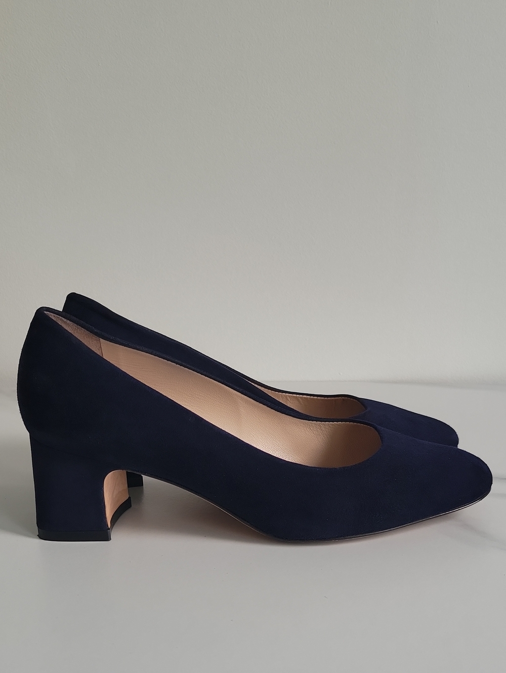 Stuart Weitzman Navy Suede Mid Block Heel Pumps